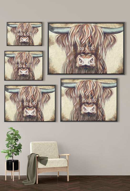 Kleurrijk schotse hooglander schilderij op canvas met lijst