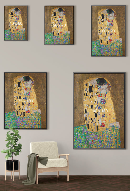 De kus van Gustav Klimt op canvas met lijst is op deze formaten leverbaar.