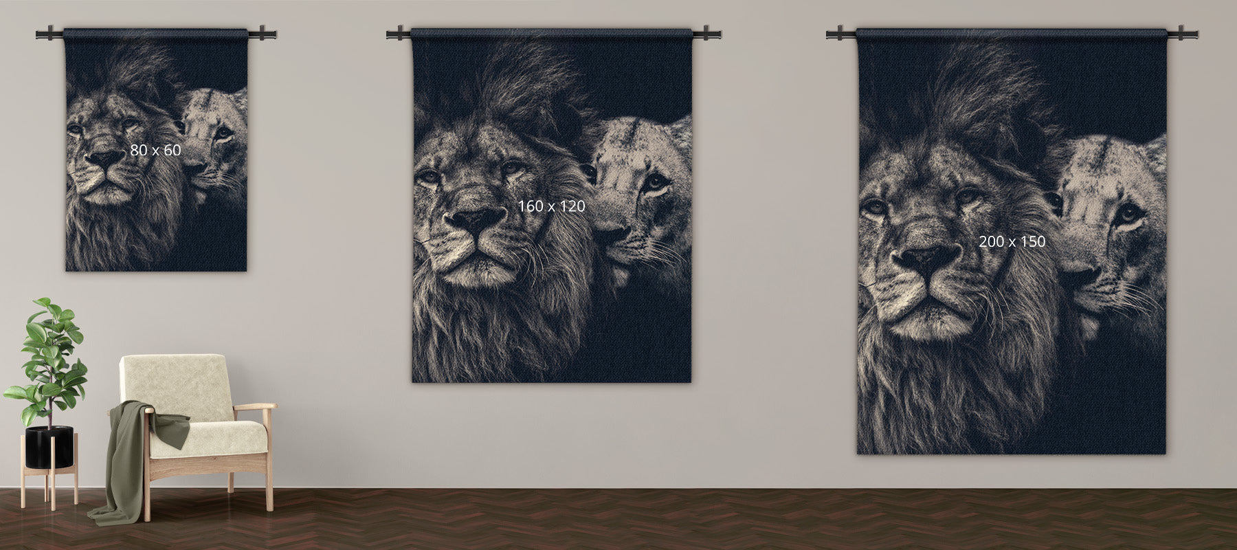 Lion couple op een wandkleed maattabel