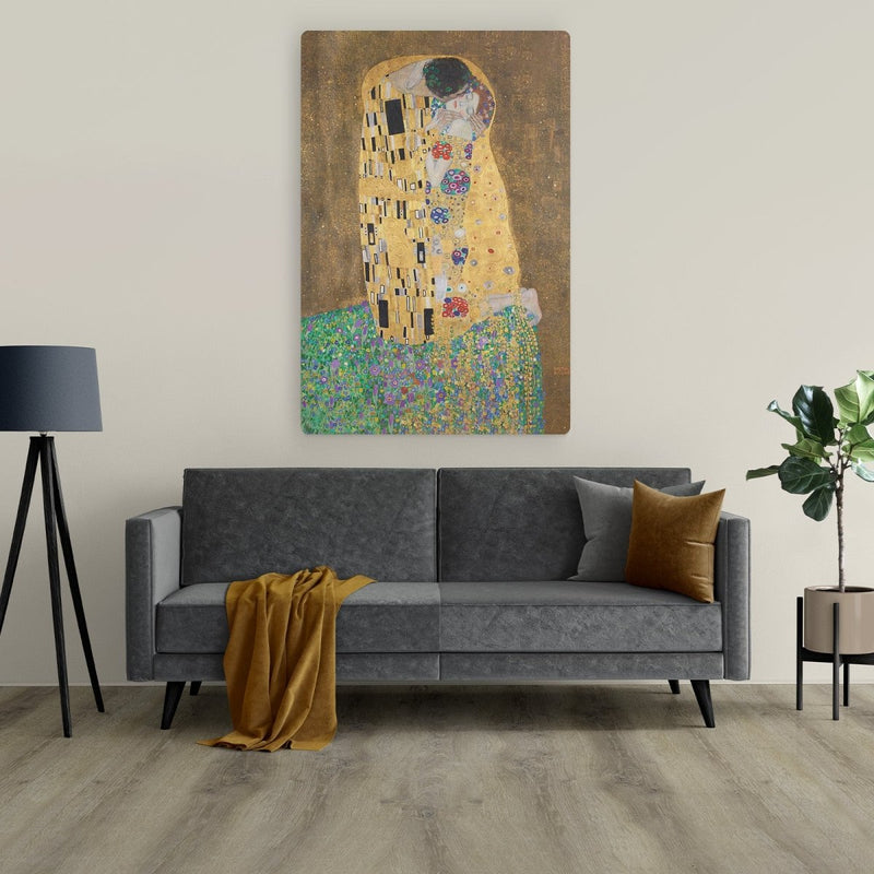 de kus gustav klimt als canvas schilderij, Klimt maakte dit moderne schilderwerk in 1907 van olieverf en bladgoud.