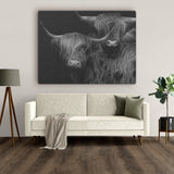 Aan een witte muur hangt dit maatwerk canvas schilderij zwart wit met daarop deze Schotse hooglanders. Deze canvas wanddecoratie hangt in de woonkamer en is een uniek Schotse hooglander schilderij. Unieke schilderijen als dit worden door onszelf gemaakt
