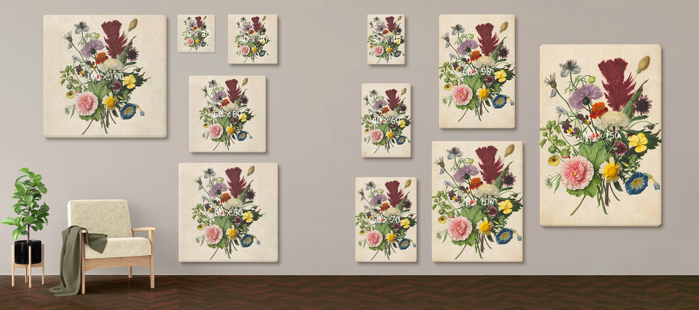 Dit zijn alle formaten van de bloemenschilderijen op canvas