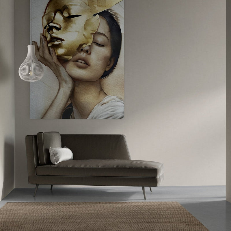 Dit vrouw schilderij uit de vrouwenportretten collectie met diverse emoties beeld een dame uit die uit haar eigen schaduw stapt. 