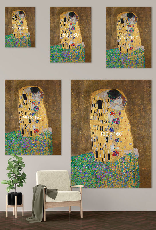 Bekijk hier de afmetingen van De kus schilderij van Gustav Klimt