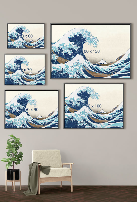 Dit Japanse kunstwerk met daarop De grote golf van Kanagawa is in meerdere afmetingen te koop