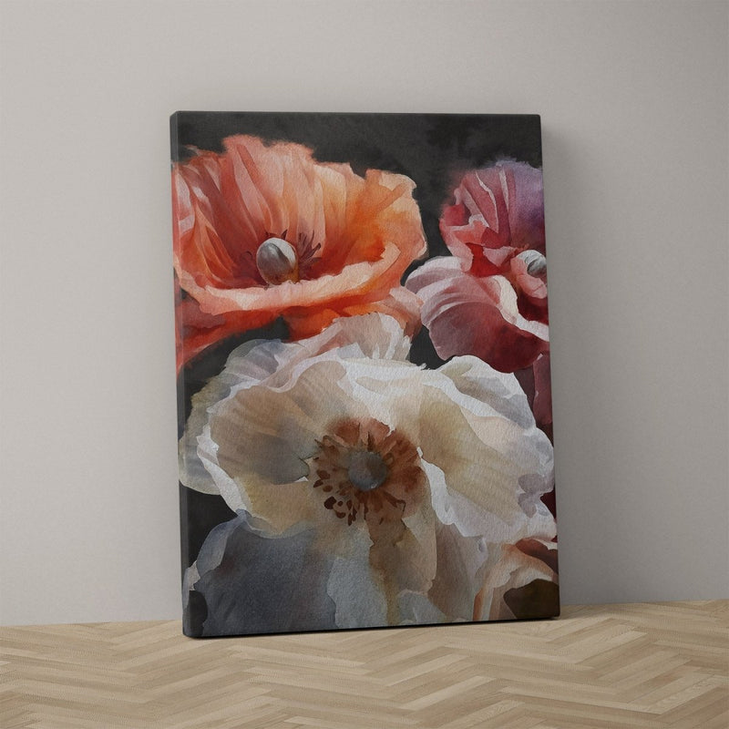 klaprozen canvas schilderij, Elegante klaprozen op canvas – warme tinten oranje, wit en rood schitteren in het zilveren maanlicht."