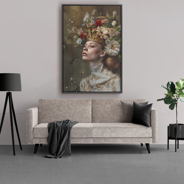 Het prachtige schilderij met bloemen op het hoofd van een vrouw
