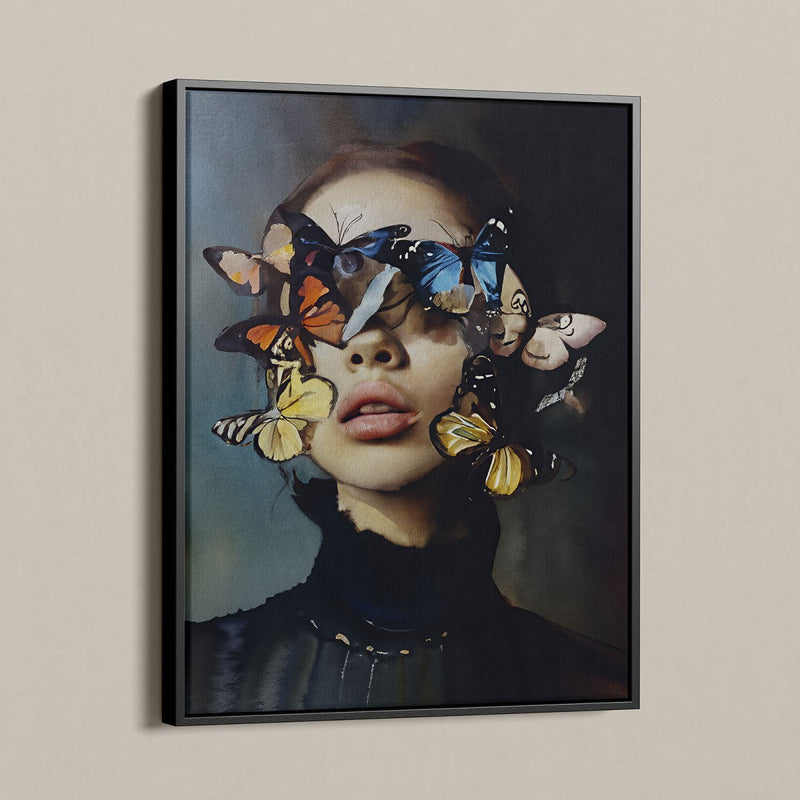 Eclipse of Wings” op canvas met lijst is een betoverend portret van een jonge vrouw, waarbij delicate vlinders haar gezicht subtiel bedekken. De combinatie van donkere, warme tinten en het spel van licht en schaduw geeft dit kunstwerk een mysterieuze en luxe uitstraling. Perfect als statement piece in een moderne woonkamer, hotel chique interieur of Japandi-stijl.