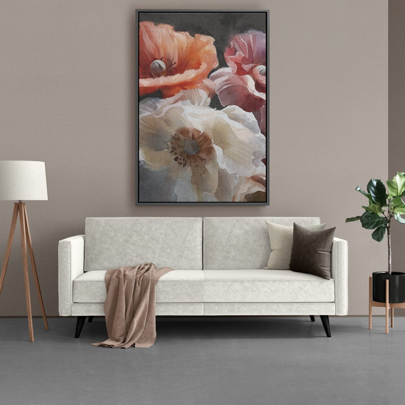 Schilderij 'Klaprozen onder het maanlicht' met elegante zwarte lijst – perfect voor een sfeervol interieur