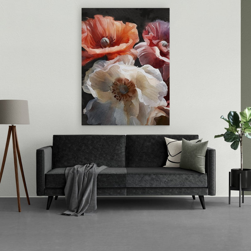Kunst op aluminium dibond – een gedetailleerd bloemenschilderij met een mysterieuze, moderne uitstraling