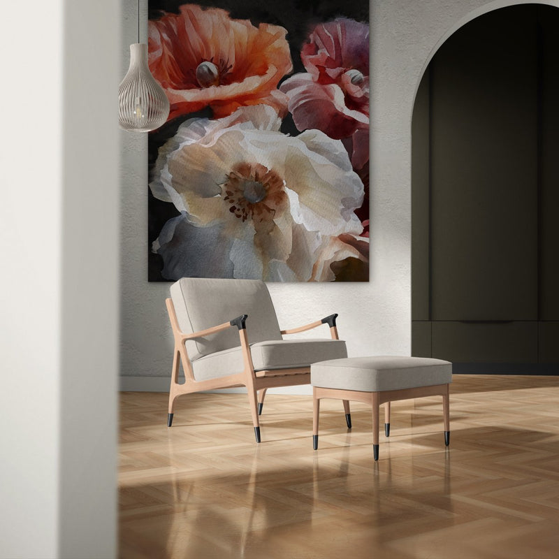 Klaprozen onder het maanlicht dibond schilderij, Schilderij 'Klaprozen onder het maanlicht' op grootformaat dibond – drie klaprozen sfeervol verlicht door de maan.