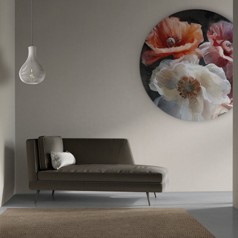 Stijlvolle ronde muurdecoratie – schilderij van klaprozen in een elegante, cirkelvormige uitvoering