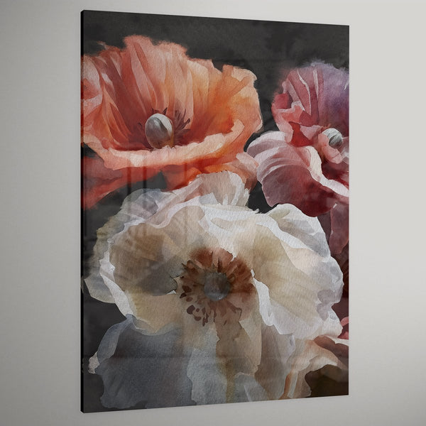 Plexiglas kunstwerk – drie klaprozen in oranje, wit en rood onder sfeervol maanlicht met een diepe glans