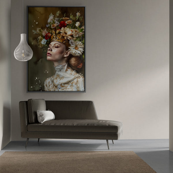 Een compleet ingelijst schilderij van Queen's bloom, het meesterwerk met bloemen op het hoofd van een vrouw.