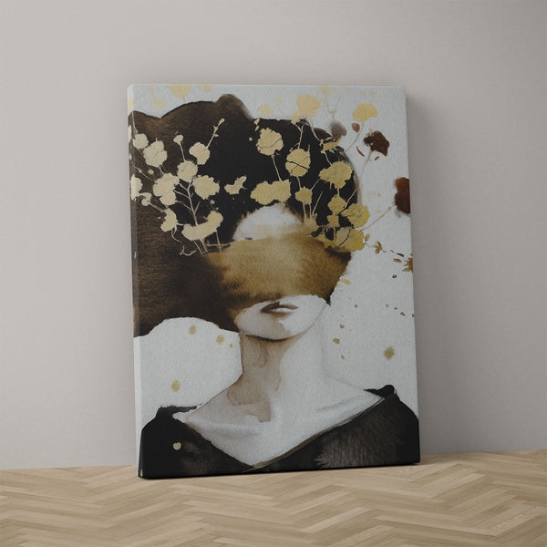 Canvas kunstwerk ‘Secrets’ uit de Tales of Humanity-collectie, geblinddoekte vrouw met gouden sluier