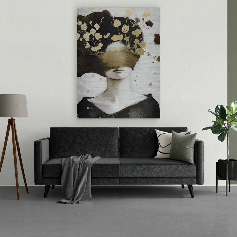 Kunstdruk op geborsteld aluminium, warme aardetinten en goud met een lichtreflecterend effect