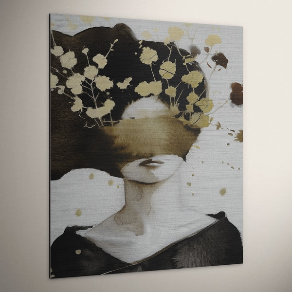 Kunstwerk ‘Secrets’ op geborsteld aluminium, modern portret met subtiele metallic glans