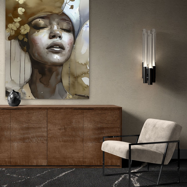Wabi sabi schilderij zwart wit goud boven de kast in de woonkamer