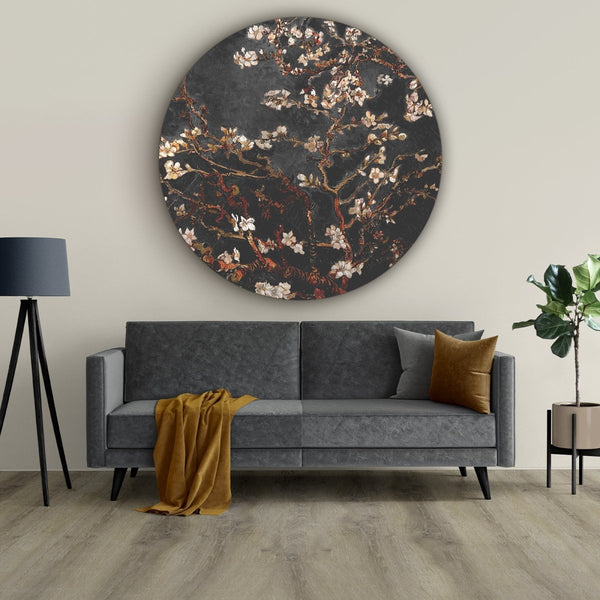 Wat je ziet is de muurcirkel amandelbloesem op dibond, deze muur cirkels van vincent van gogh is een waar meesterwerk. Dit ontwerp heet het amandelbloesem bij herfst wanddecoratie. De wandcirkel is gemaakt van aluminium. 