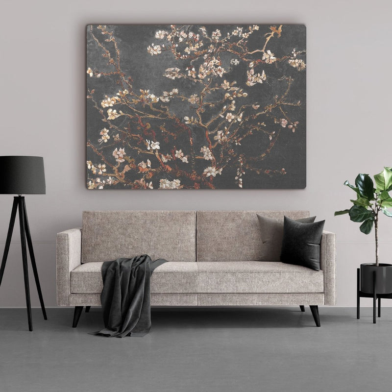 Vincent van gogh amandelbloesem bij herfst in de nacht met bruine en donkere kleurstelling op canvas schilderij op een formaat naar keuze schilderij bestellen. Een canvas bestellen bij Kontoer design van deze oude meester. 