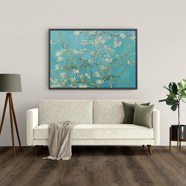 Werkelijk prachtig, deze Amandelbloesem op canvas met lijst. De zwarte baklijst geeft het schilderij enorm veel karakter en zorgt voor een hoog afwerkingsniveau. 