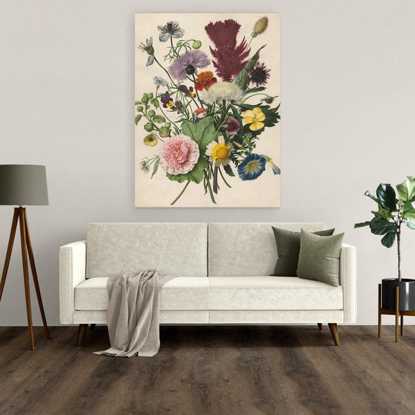 Wow, hier zie je het bloemen schilderij van aluminium dibond boven de bank hangen . Het lichte schilderij heeft een frisse en moderne look. 