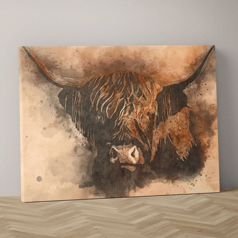 Bruce op canvas. Dit werk aan de muur is van canvas gemaakt, het toont een Schotse hooglander die gemaakt is met waterverf. 