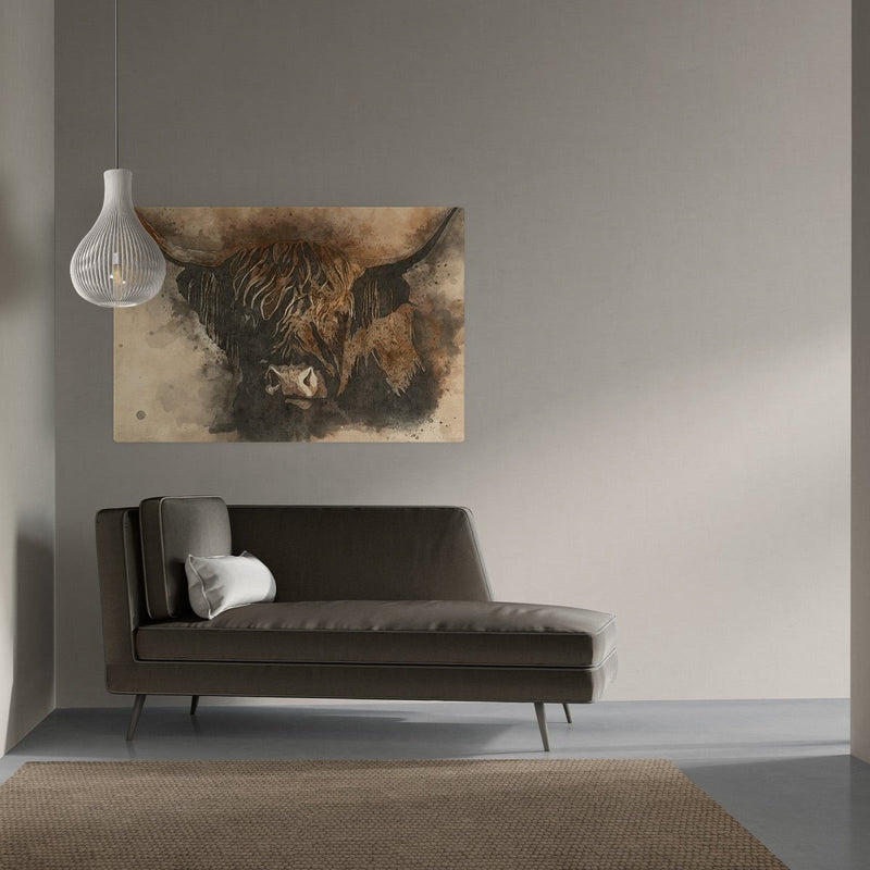 Hier zie je de kunst aan de muur boven de bank hangen. Het schilderij is gemaakt met waterverf en is met de hand geschilderd. 