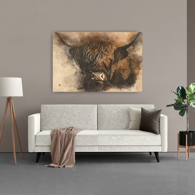 Hier hangt de Schotse koe boven de bank. Het schilderij boven de bank staat in de woonkamer.