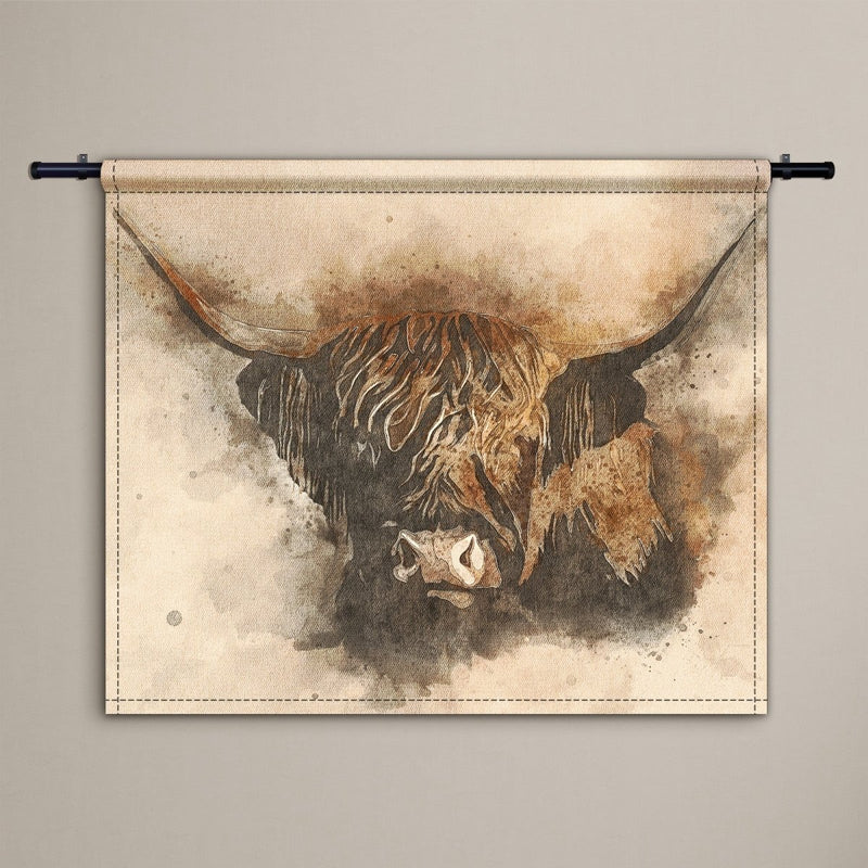 Bruce, de Schotse hooglander van waterverf op wandkleed in de kleur bruin.