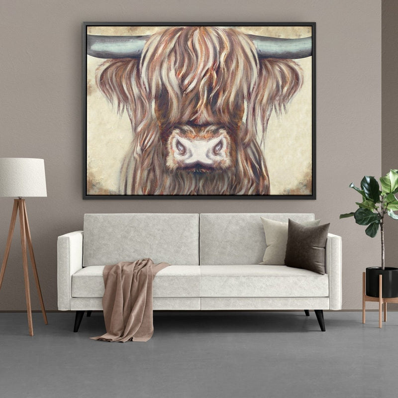 schotse hooglander wanddecoratie canvas met lijst in xxl grootformaat in de kleur goud