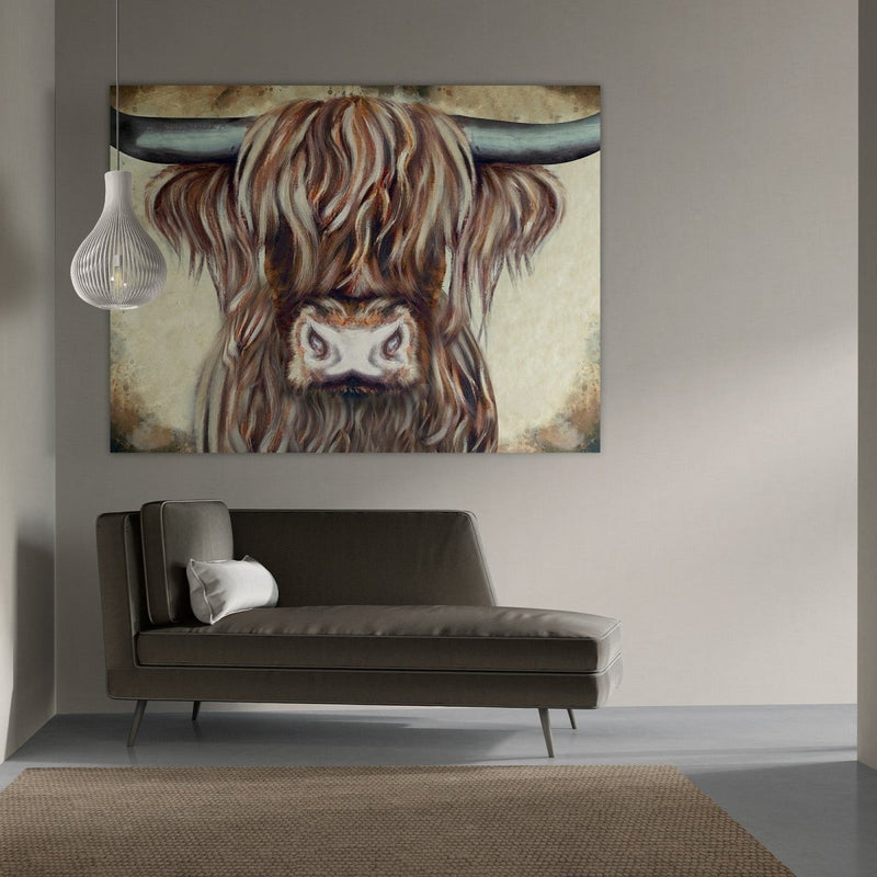 Wil jij een schilderij kopen van deze Schotse hooglander op aluminium dibond? Bekijk dan de bestelopties.