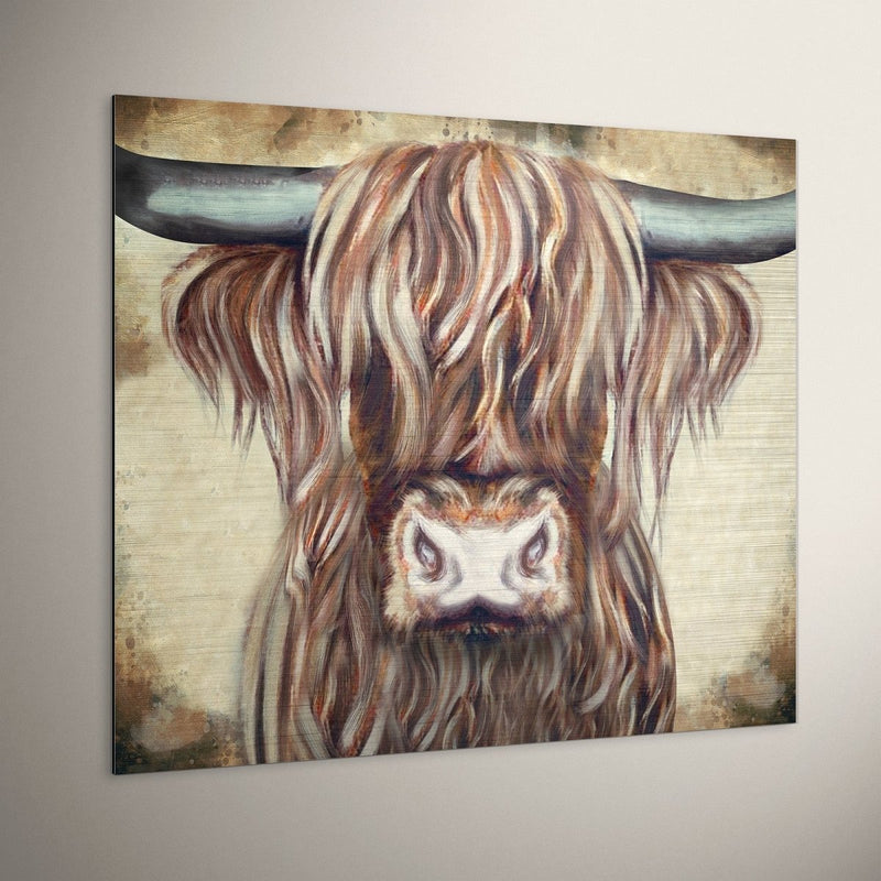 Schotse hooglander Colin op geborsteld aluminium, het metaal schilderij toont het unieke wanddecoratie ontwerp van een portret van de Highlander.