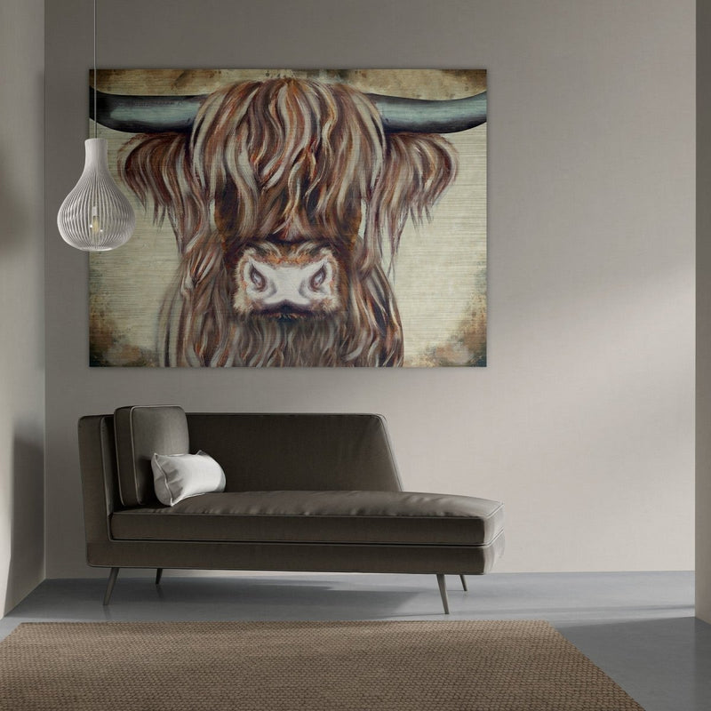 Stoere schilderijen zoals dit aluminium schilderij van een Schotse hooglander stier in grootformaat is een perfecte aanvulling voor jouw industriële interieur 