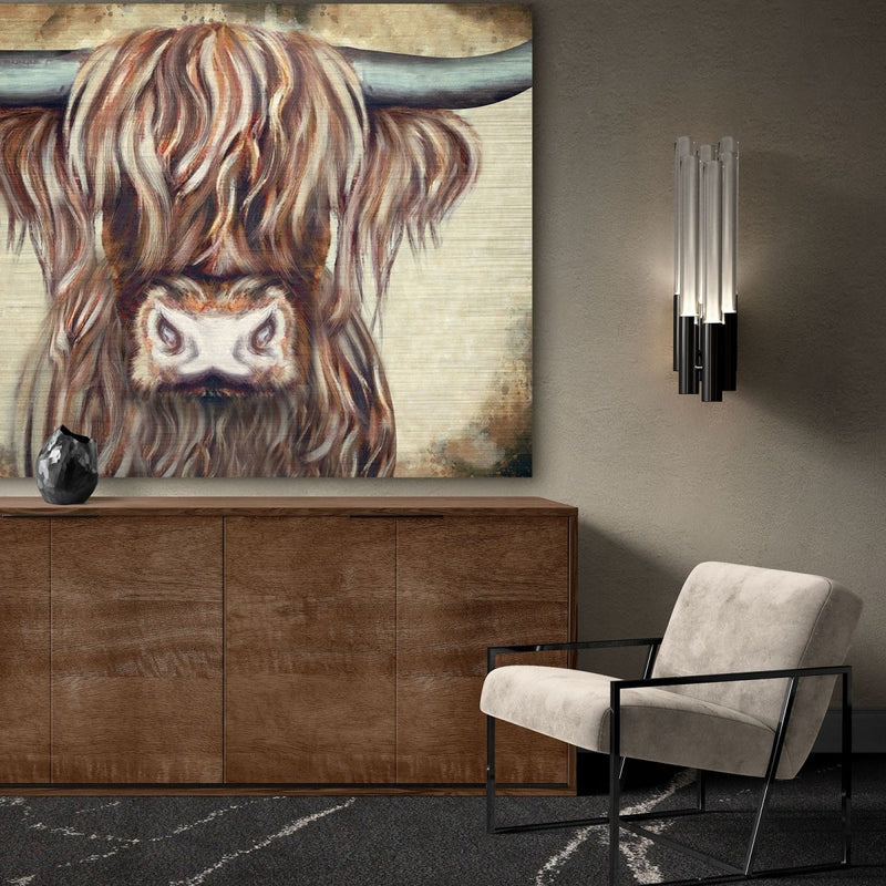 Aluminium schilderij kopen start hier. Deze Schotse hooglander op aluminium met goud is een stoere aanvulling op jouw industriele interieur