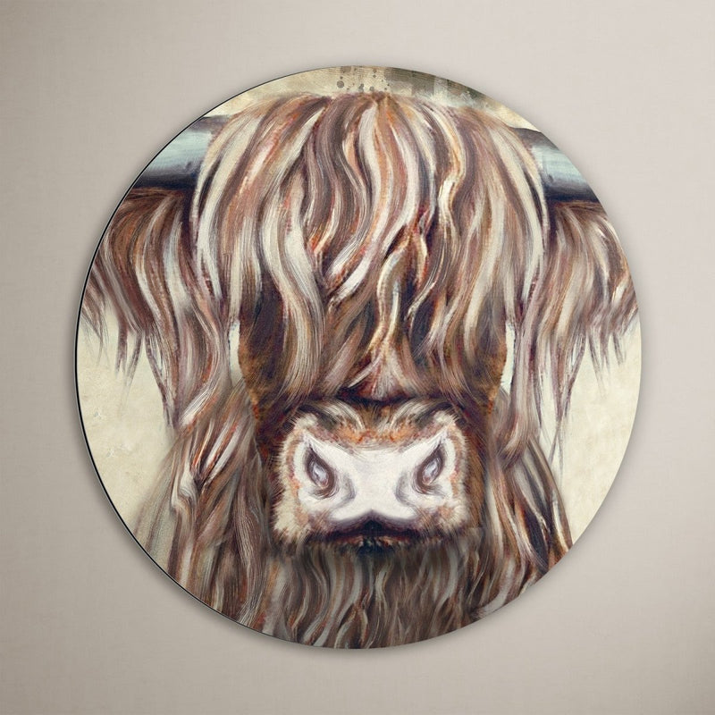 Muurcirkel schotse hooglander van aluminium dibond met dieren. Deze stier is met de hand geschilderd en staat erg mooi in de woonkamer