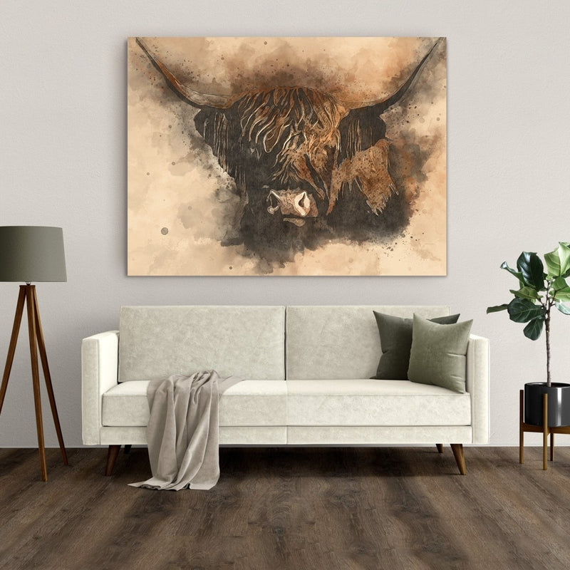 Deze Schotse hooglander op dibond is een uniek stukje kunst aan de muur. Het ontwerp is met de hand gemaakt met waterverf.