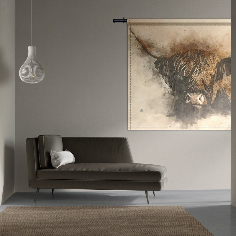 Dit werk aan de muur is een wandkleed van een Schotse hooglander.