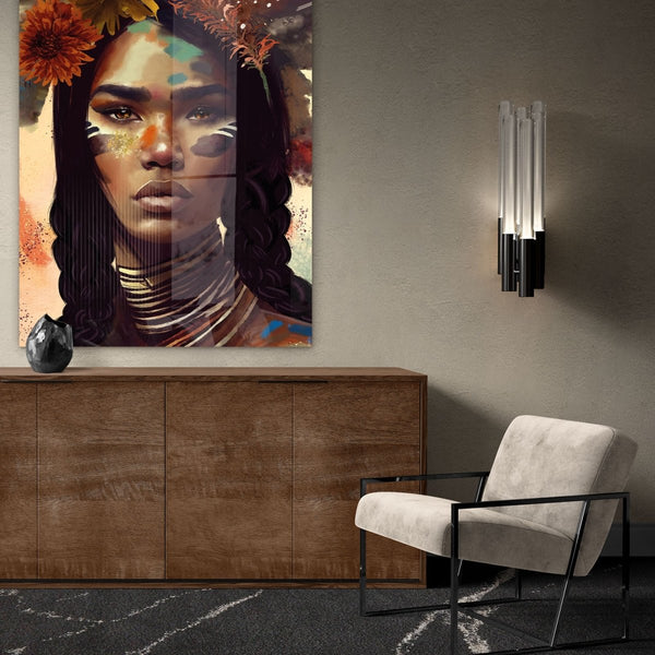 Het indiaan schilderij met daarop een indianen vrouw hangt hier in een stoer en robuust interieur aan de muur