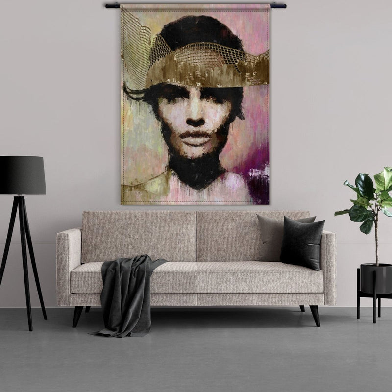Dit artikel kan gevonden worden onder: wandkleed vrouw, wandkleed portret, wandkleed goud, wandkleed vrouw gezicht, wandkleed vrouw met goud