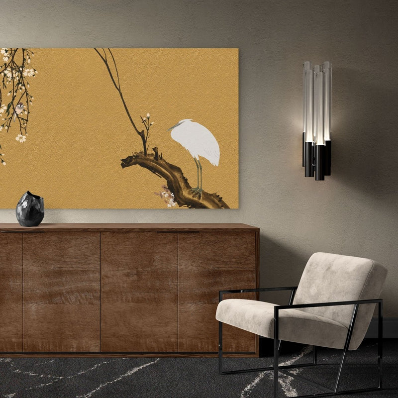Gouden muurdecoratie in zwart goud en witte details zoals de reiger. Dit kunstwerk is exclusief verkrijgbaar bij Kontoer design.