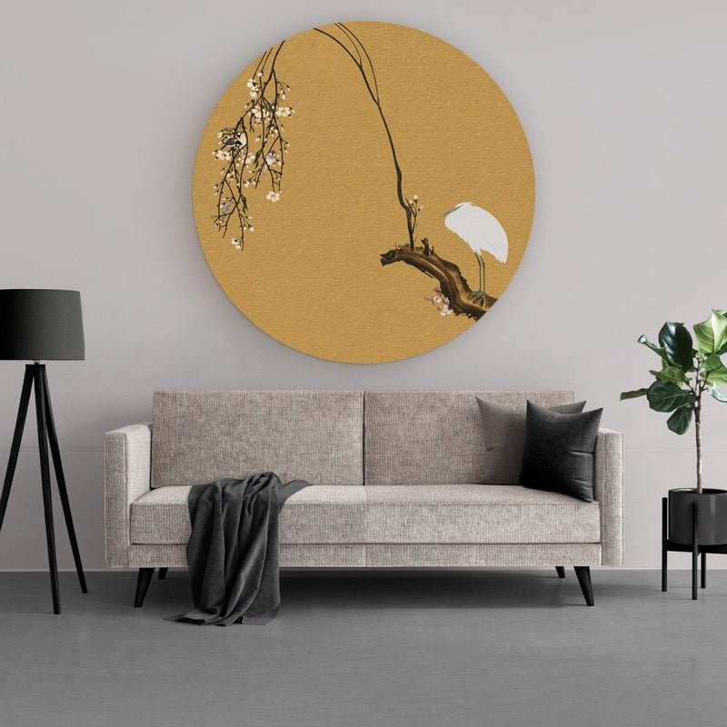 Gouden muurcirkel wanddecoratie met veel goud en een vogel. Deze exclusieve wanddecoratie past in de categorie Japanse muurdecoratie.