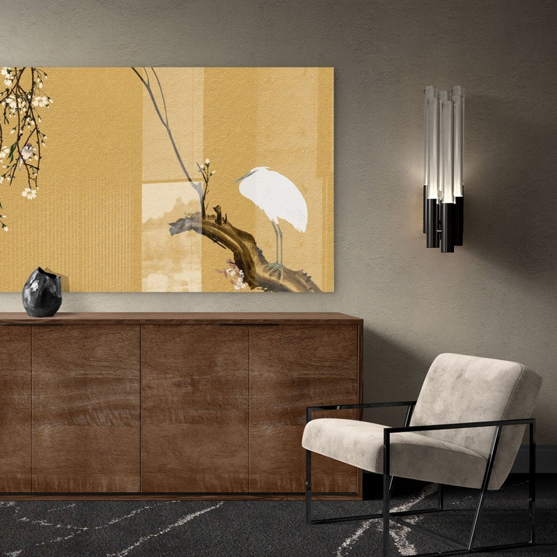 Een echte eyecatcher, dit plexiglas schilderij zwart goud en bladgoud. Het kunstwerk is hier afgebeeld op een paneel van acrylaat wat perfect past bij dit glimmende meesterwerk met een Japans tintje. 