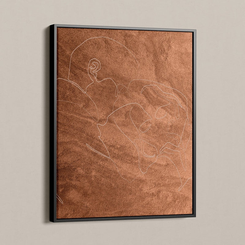 Line art canvas met lijst in de kleur bruin cognac lijntekening
