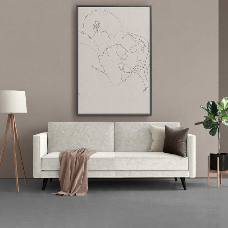 De innigheid line art op canvas met lijst beige