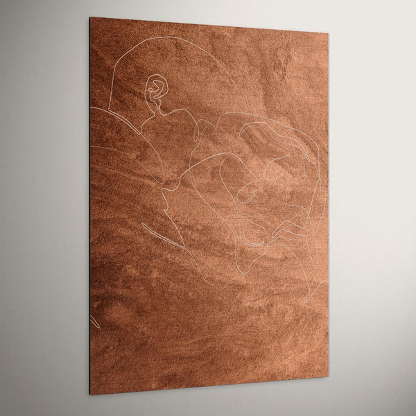 Aluminium schilderij De innigheid in bruin cognac camel lijntekening line art