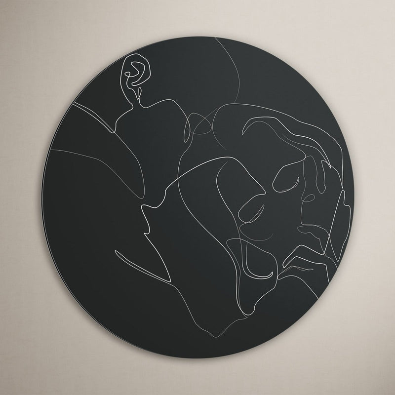 Muurcirkel zwart wit met daarop De innigheid lijntekening line art op aluminium dibond