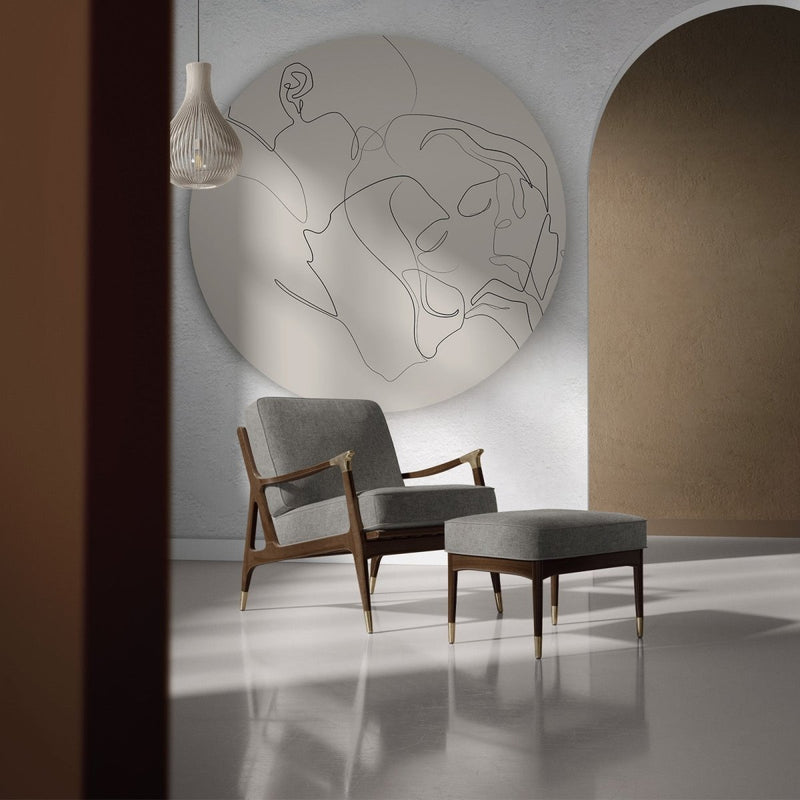 Ronde wanddecoratie van dibond in het groot in beige kleur line art