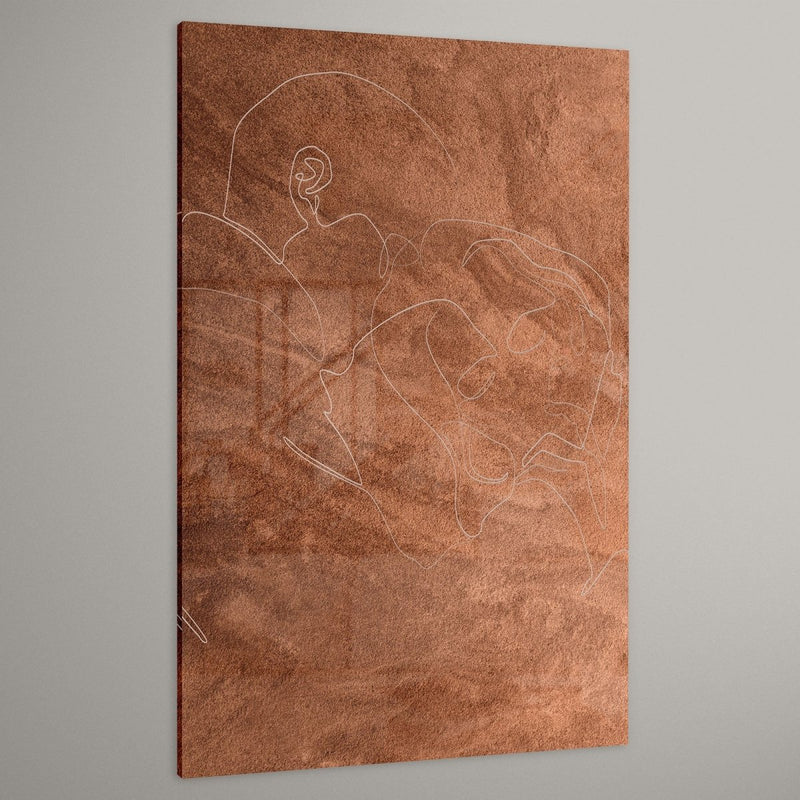 Plexiglas schilderij bruin cognac camel met witte line art van De innigheid