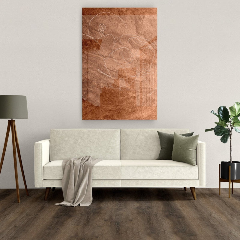 Groot plexiglas schilderij in bruin boven de bank